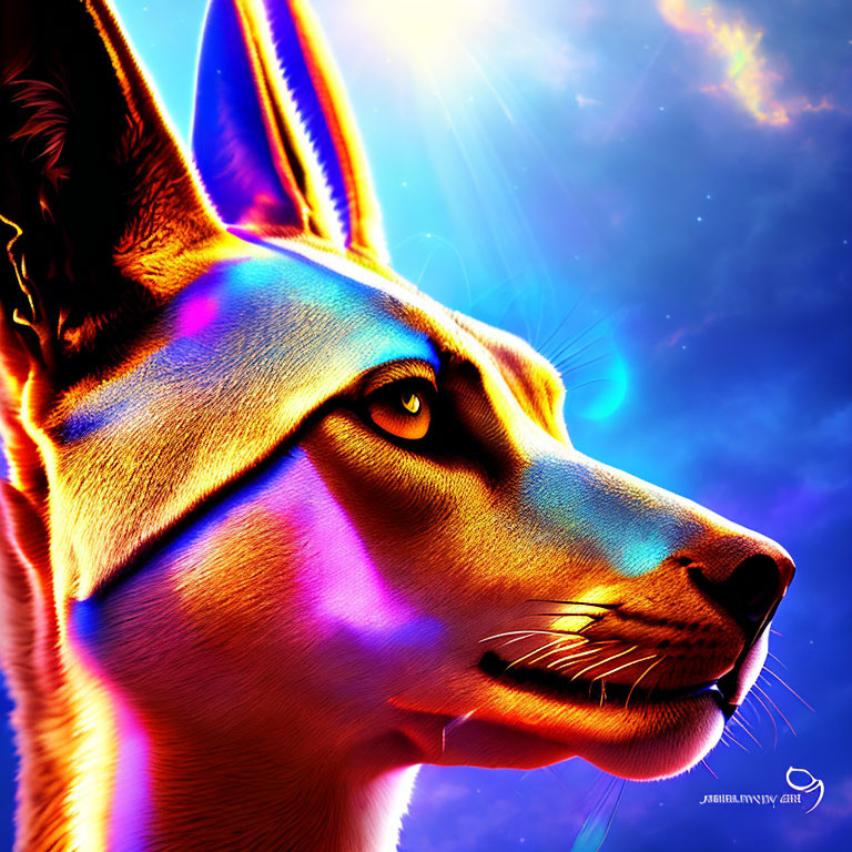 Colorful Egyptian Anubis digital art with cosmic background