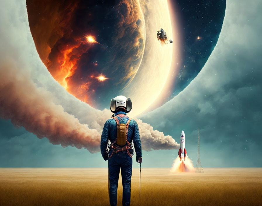 Surreal space scene with astronaut, meteors, spaceships, rocket launch, and giant