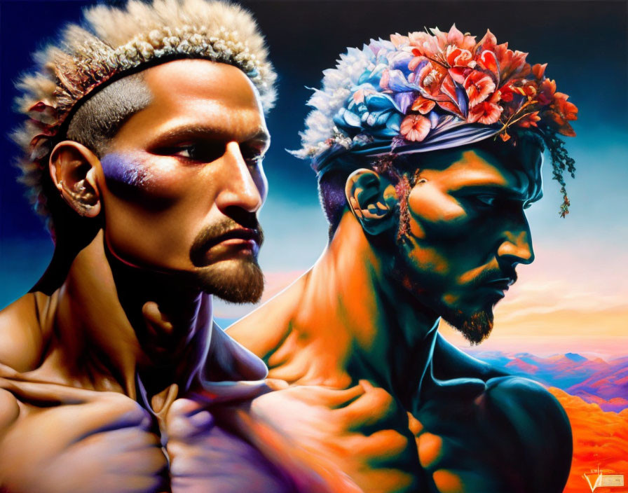 Men with painted faces and floral crowns in sunset sky.