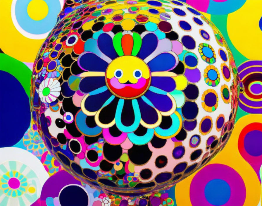 Colorful Artwork: Shiny Sphere with Floral Patterns and Polka Dots on Multicolored