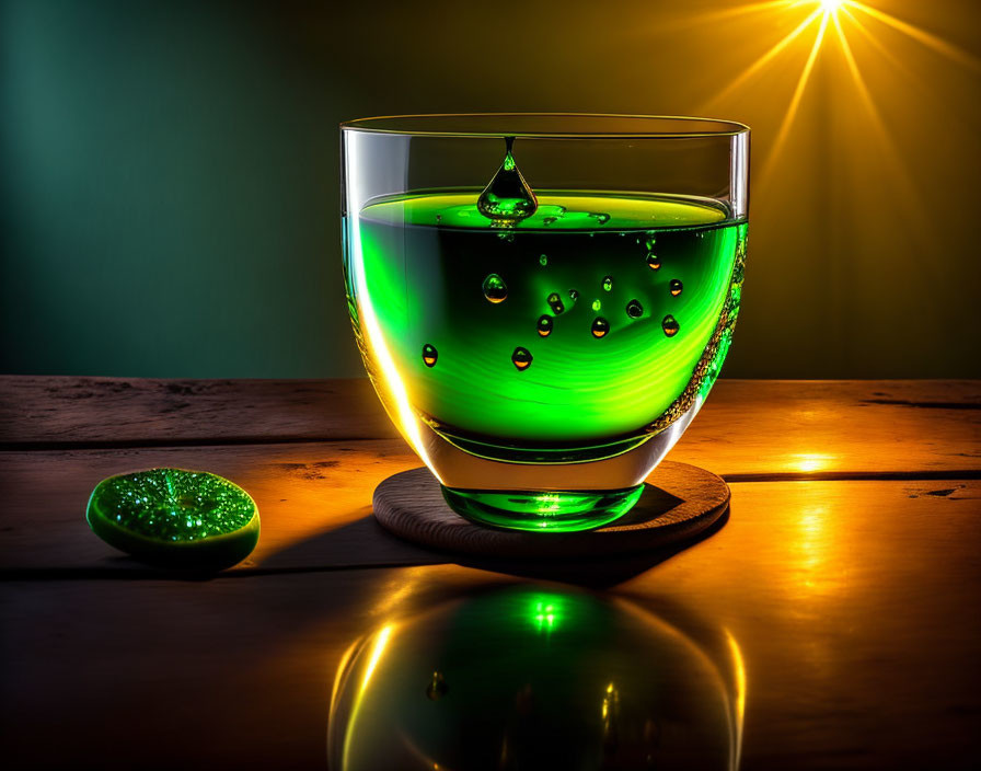 Glass of Green Liquid with Ripples on Reflective Surface and Dramatic Backlighting