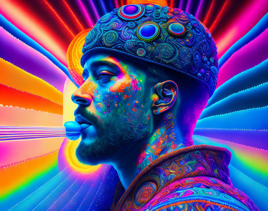 Colorful portrait with psychedelic effect, patterned hat, surreal lighting in blues and pinks