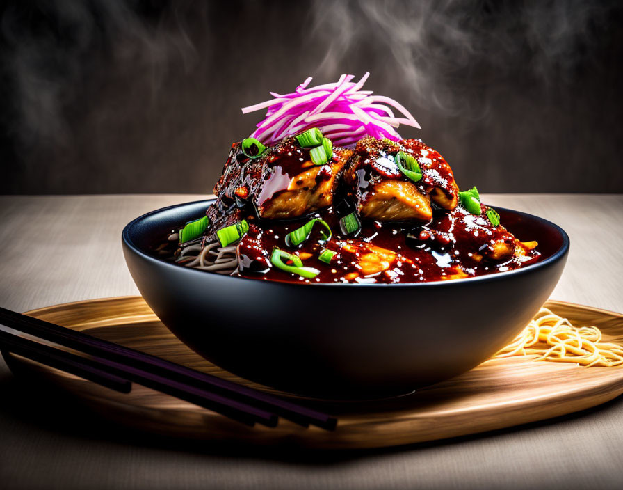 Asian noodles with chicken, vegetables, green onions, and sesame seeds on wooden table