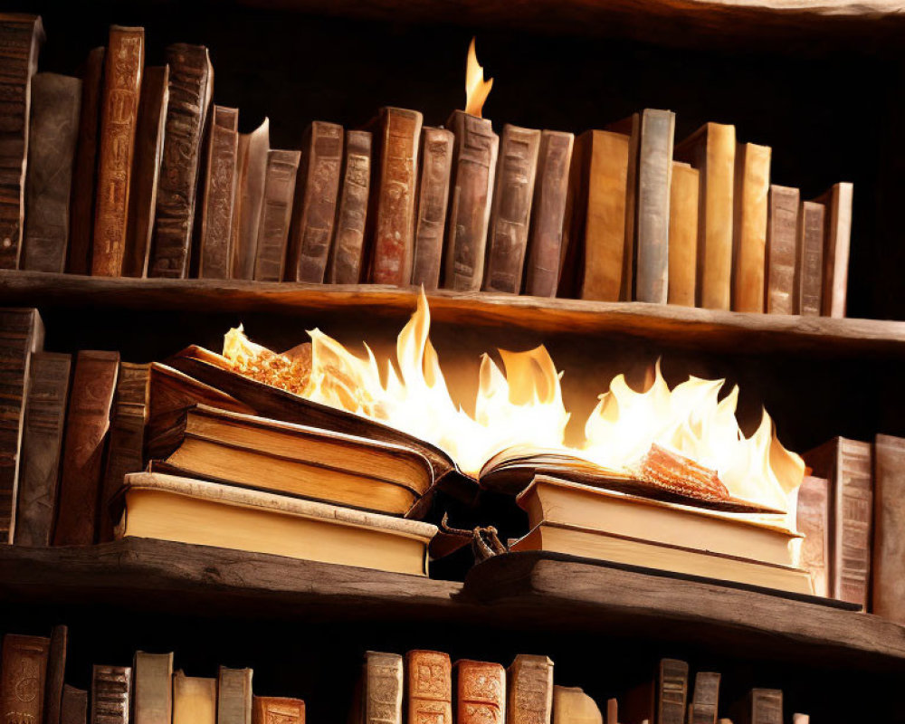 Burning open book on wooden table with old leather-bound books shelves