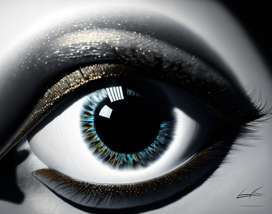 Detailed Close-up: Blue Eye with Gold Eyeshadow & Black Eyelashes