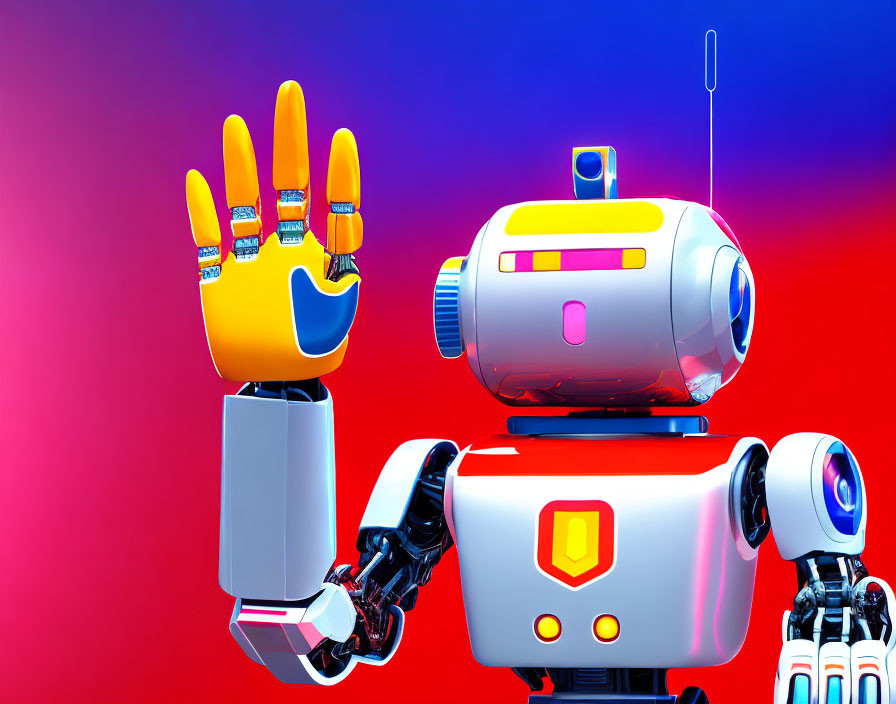 Futuristic robot showing peace sign on vibrant gradient background