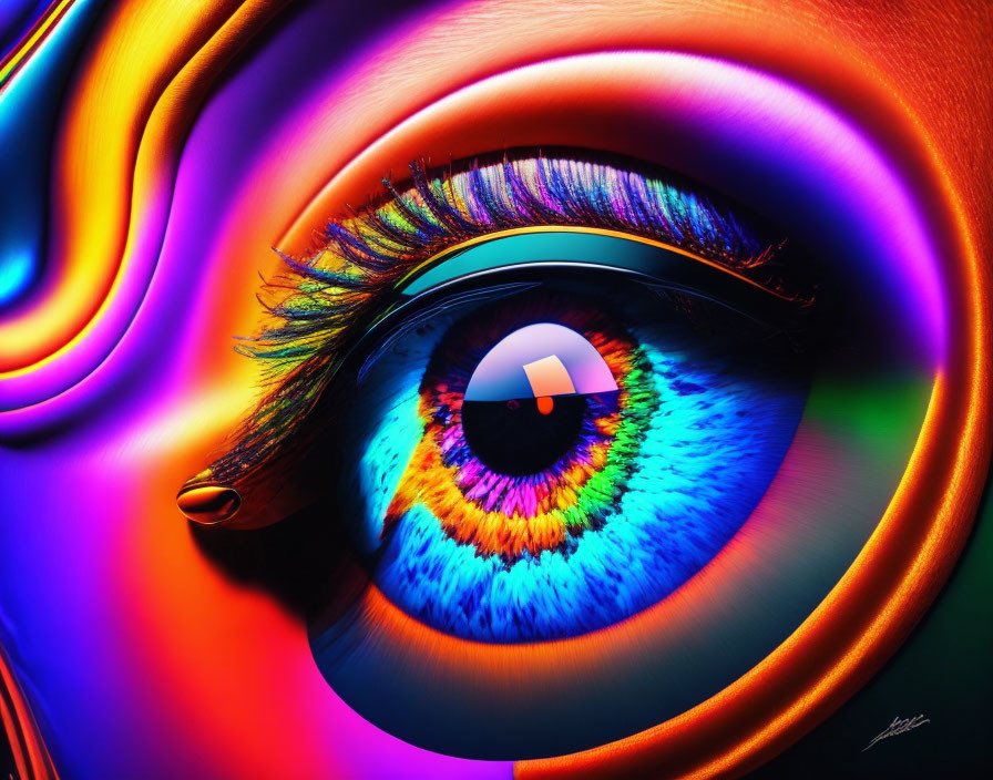 Colorful surreal human eye with rainbow iridescence and swirling shapes