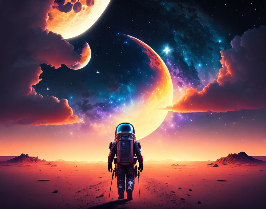 Astronaut exploring surreal alien landscape with planets and moons in red and purple sky