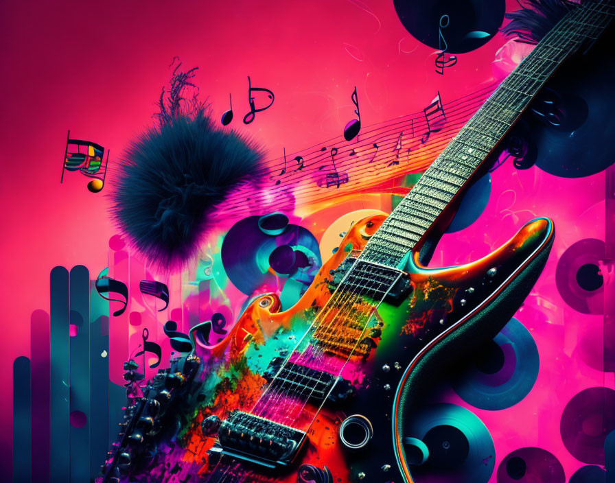 Colorful Electric Guitar Illustration with Musical Notes on Neon Background