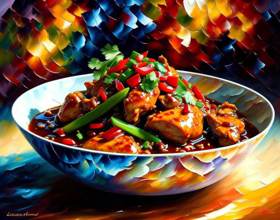 Colorful Painting of Spicy Chicken Bowl with Green Onions and Sesame Seeds