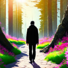 Mystical forest scene with solitary figure on path
