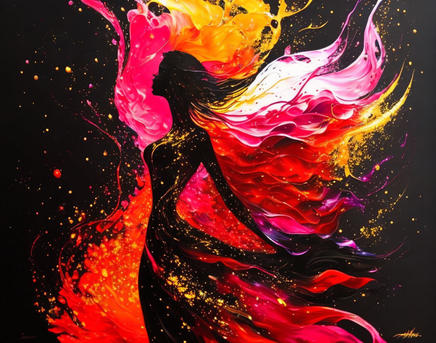 Vibrant abstract painting: pink, red, yellow swirls on black.