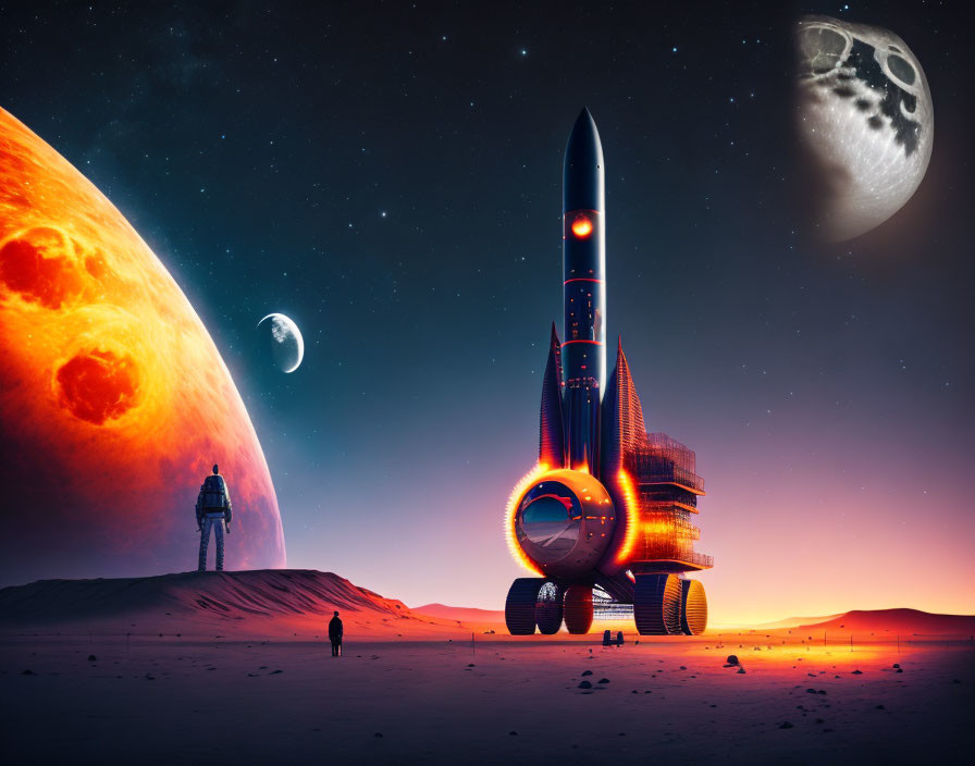 Futuristic rocket and astronaut on desert alien planet at dusk