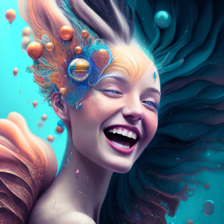 Colorful digital artwork: Smiling woman with whimsical makeup and floating orange bubbles