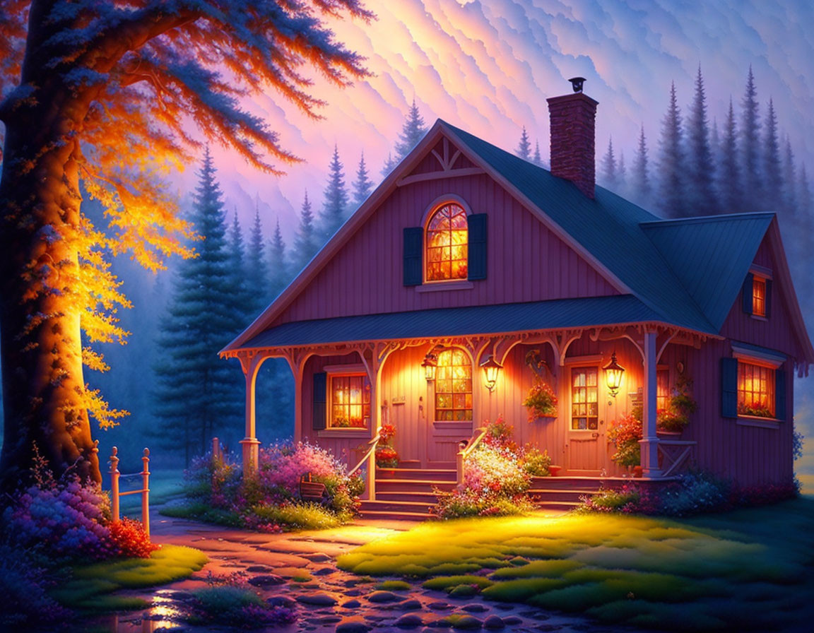 Cozy house with lit windows in enchanted forest setting