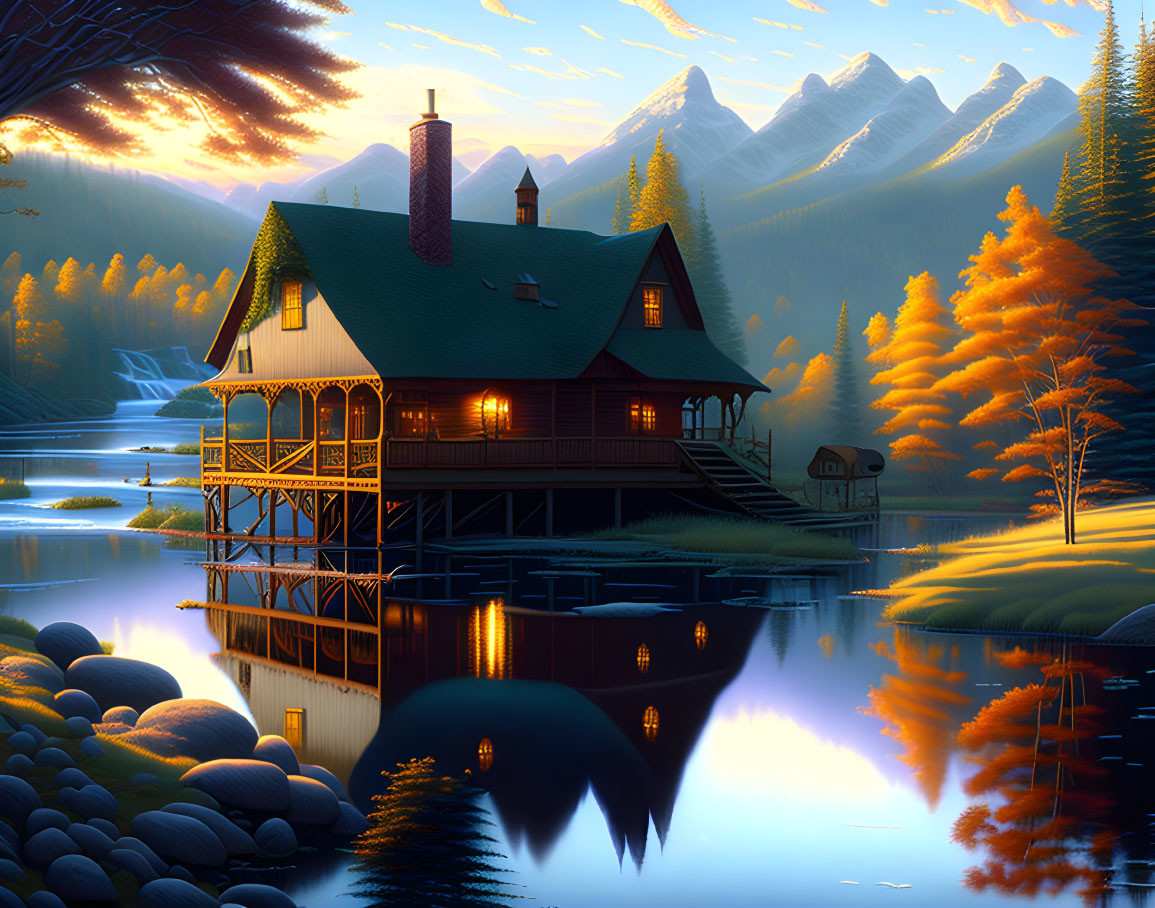 Tranquil Lakeside Cabin at Sunset with Autumn Trees