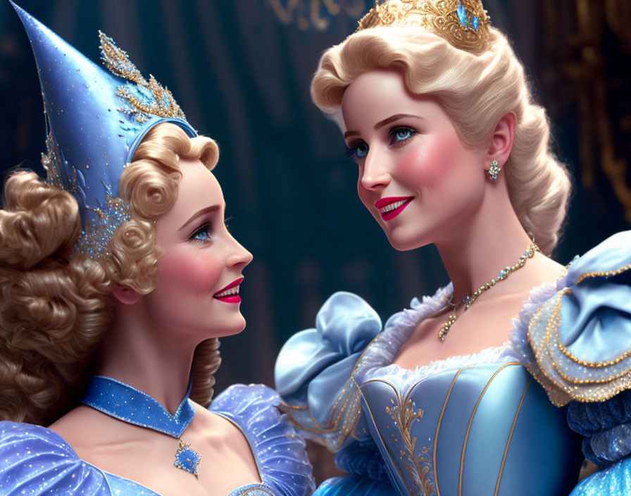 Animated female characters in elegant blue gowns and tiaras smiling against regal backdrop