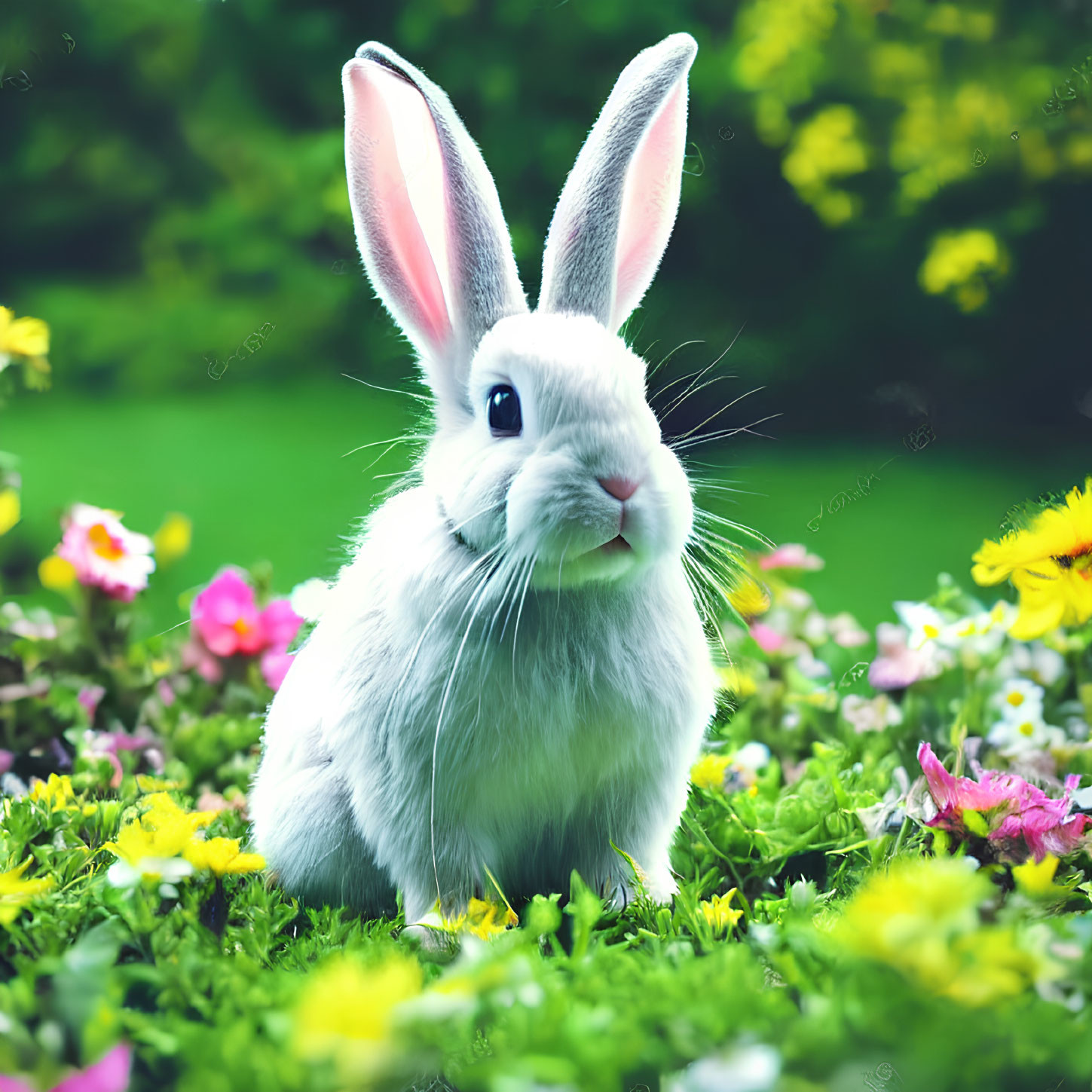 Grey Rabbit Surrounded by Colorful Flowers and Green Grass