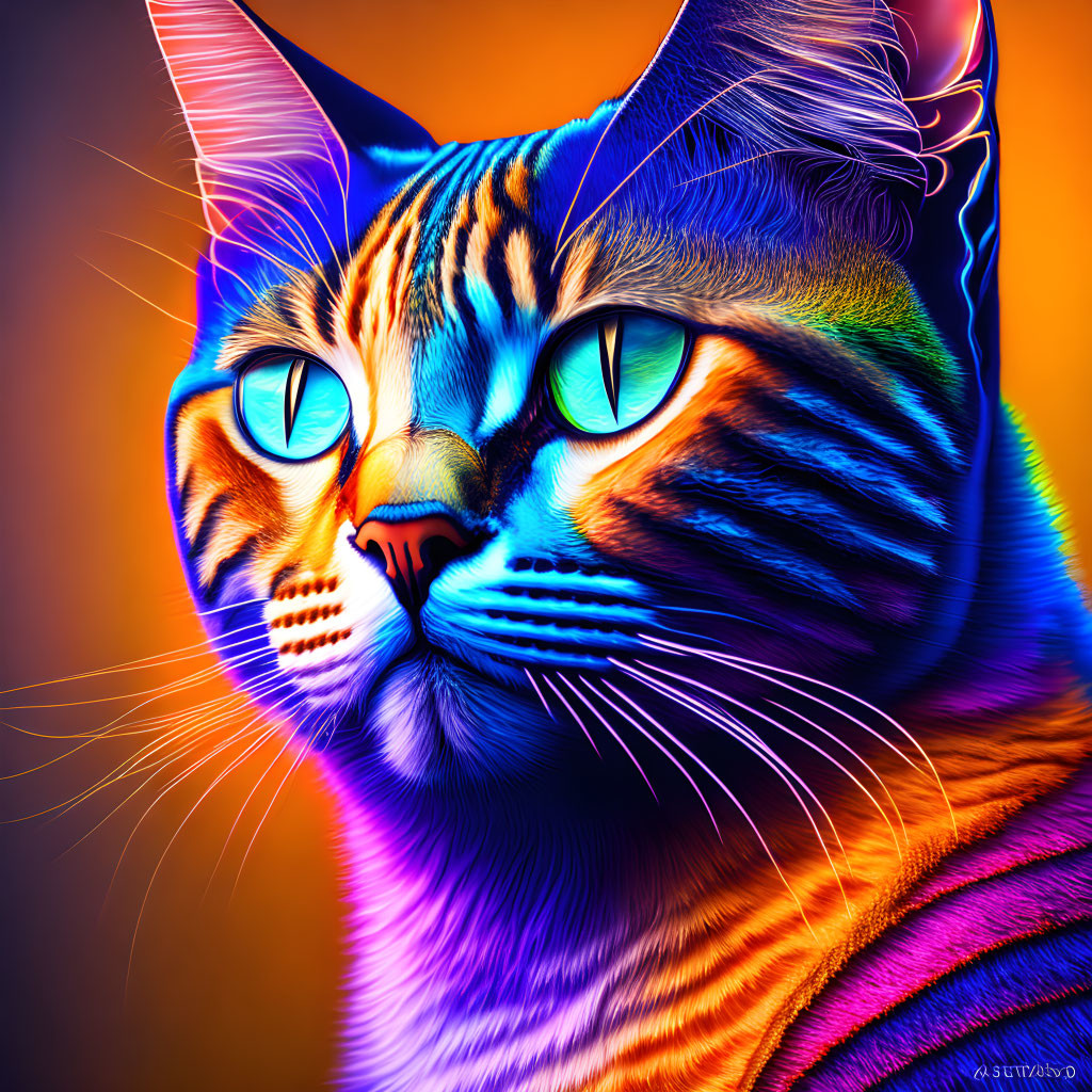 Colorful neon cat art with intricate patterns on warm background