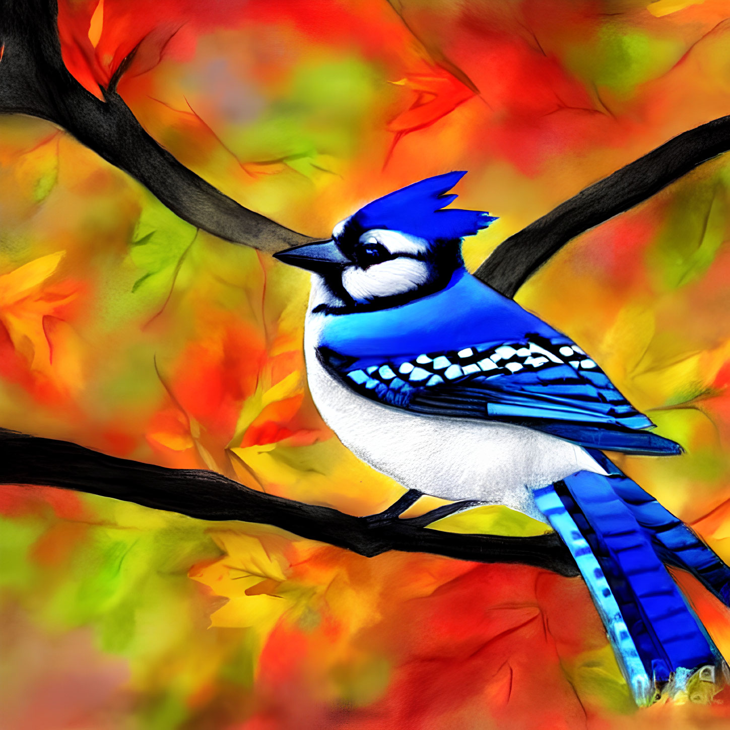 Colorful Blue Jay on Tree Branch with Autumn Leaves Background