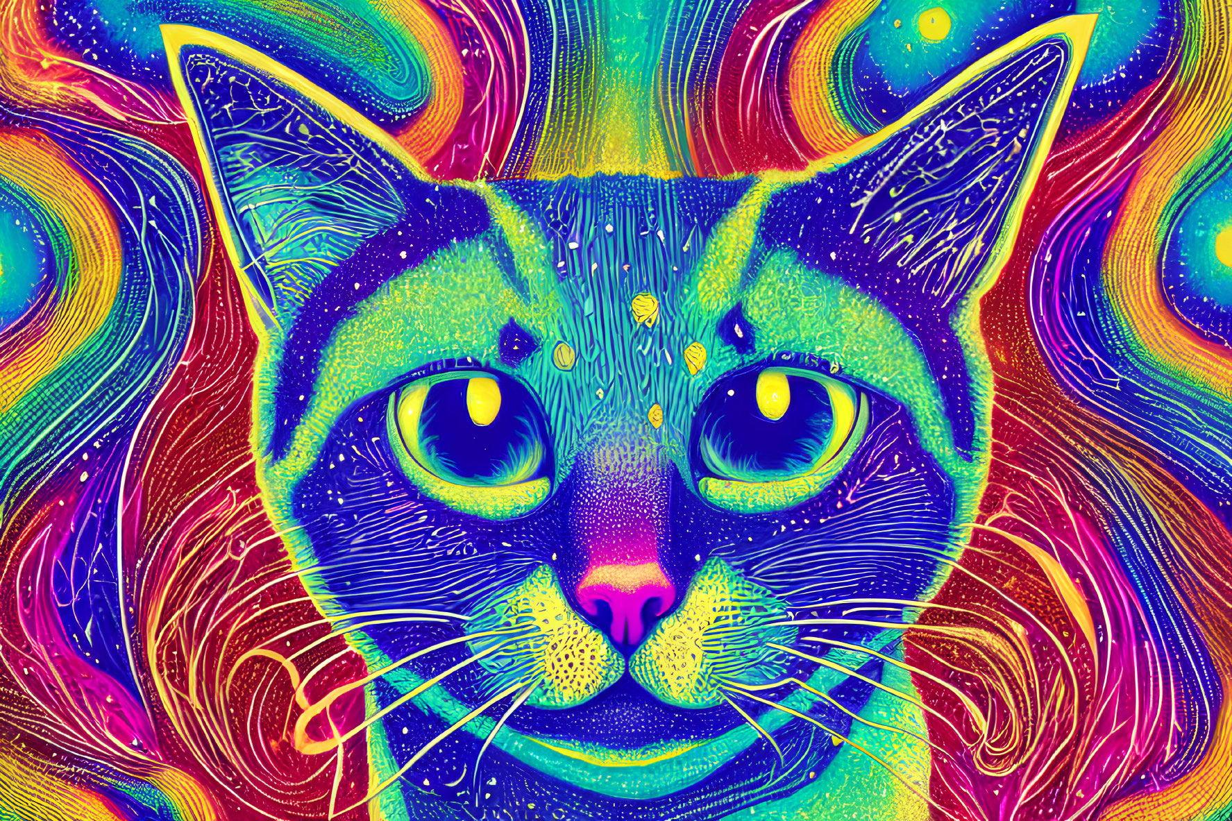 Colorful Psychedelic Cat Illustration in Vibrant Yellow, Blue, and Pink Hues