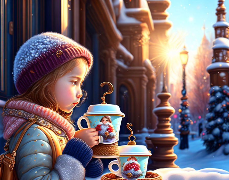 Young Girl in Winter Attire with Decorative Cup on Festive Snow-Covered Street