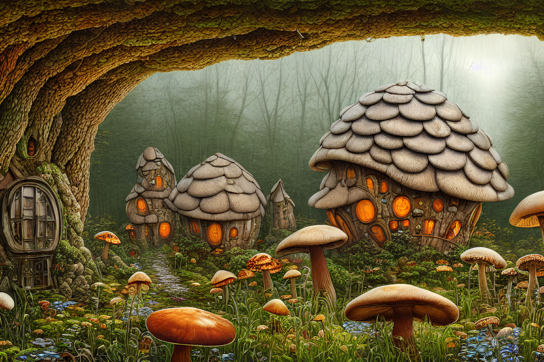 Enchanting fantasy landscape with mushroom houses and oversized flora