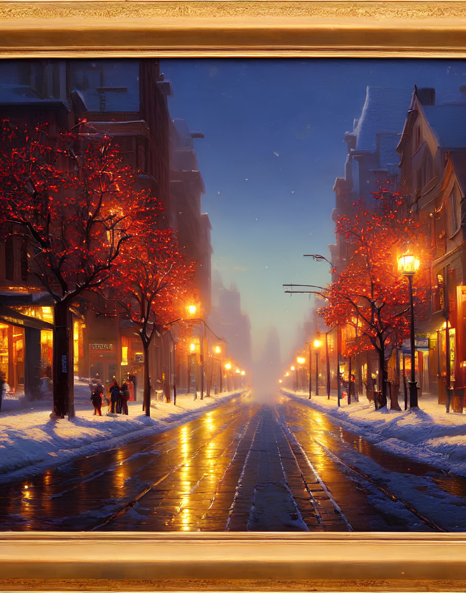 Snowy city street at twilight with golden streetlights and people walking.