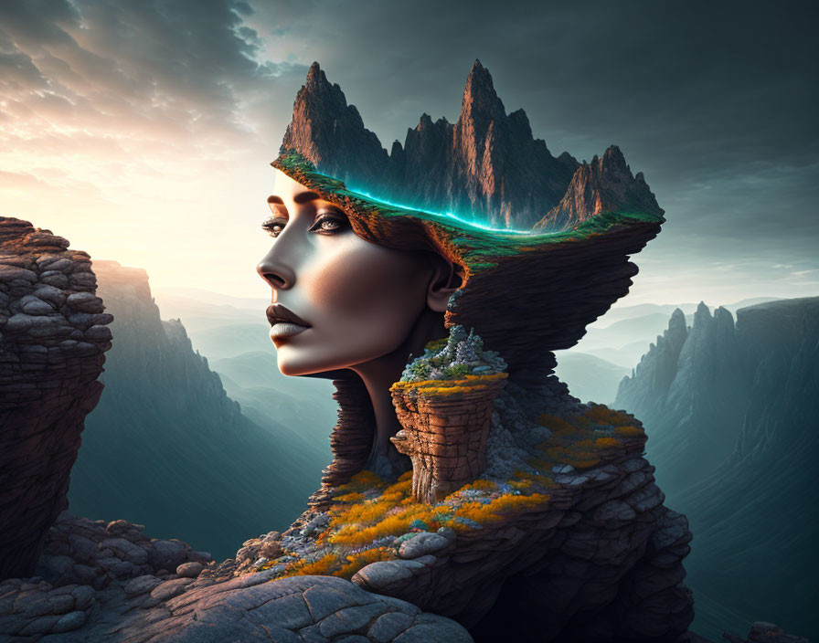 Surreal artwork: Woman's profile merges with mountain landscape