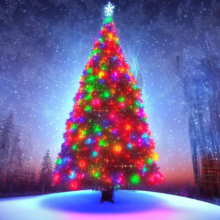 Colorful Light Adorned Christmas Tree in Snowy Scene