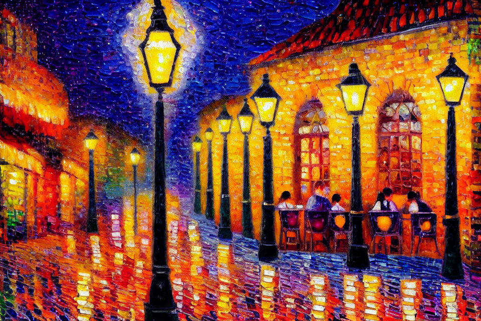 Impressionist-style painting of people dining at a warmly lit café at night