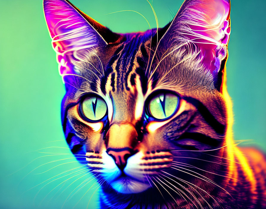 Colorful Cat Artwork with Blue Eyes and Pink Accents on Teal Background