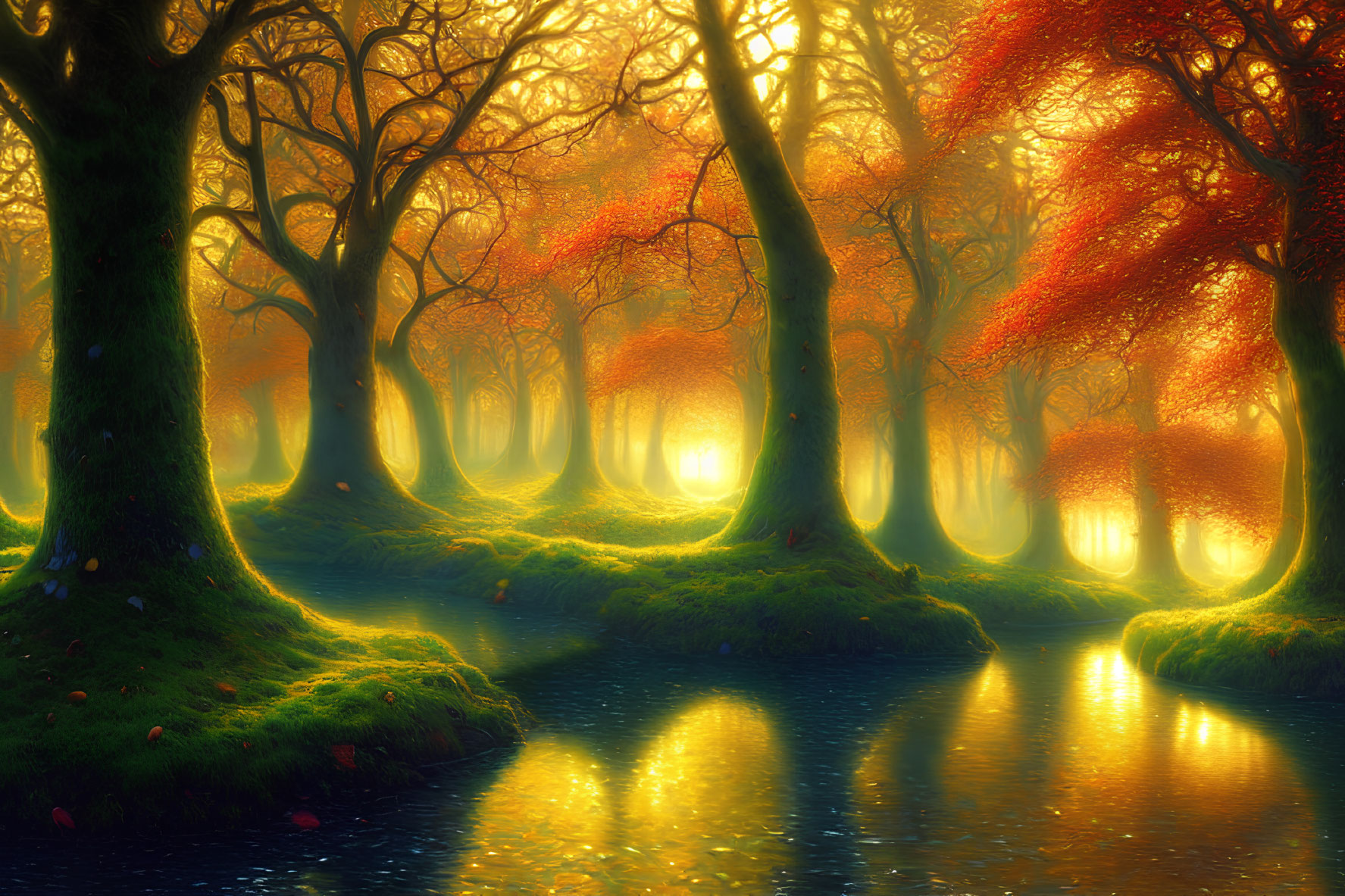 Tranquil Forest Scene: Vibrant Leaves, Sunlight, Calm River