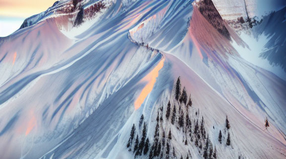 Snowy Mountain Peaks at Sunset with Skier Silhouette