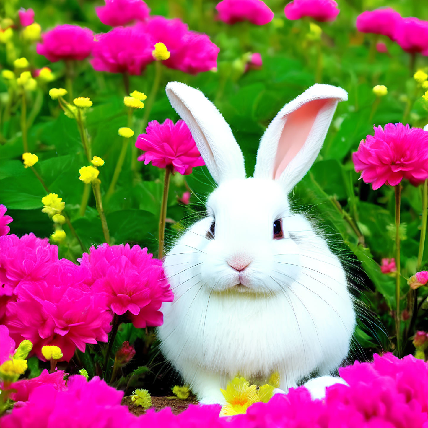 White Rabbit Among Pink and Yellow Flowers in Green Field
