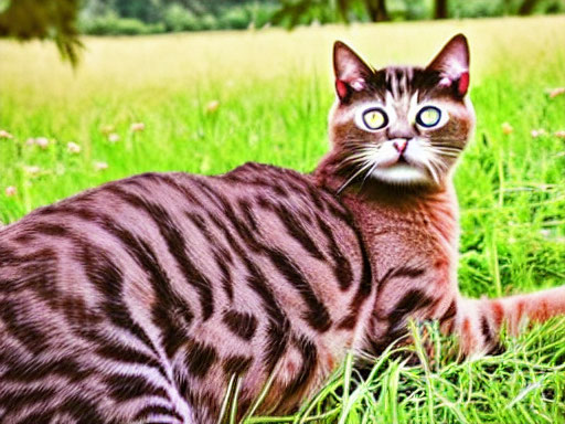 Tabby cat with blue eyes and bold stripes on grass, alert.