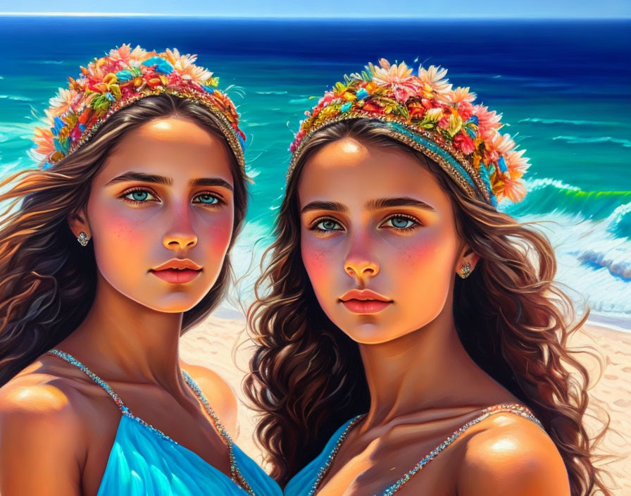 Two women in blue dresses and floral crowns by the sea with reflective gazes and wavy hair