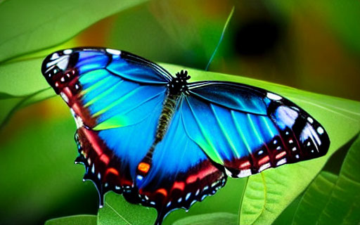 Colorful Blue Butterfly with Black and Orange Markings on Green Leaf