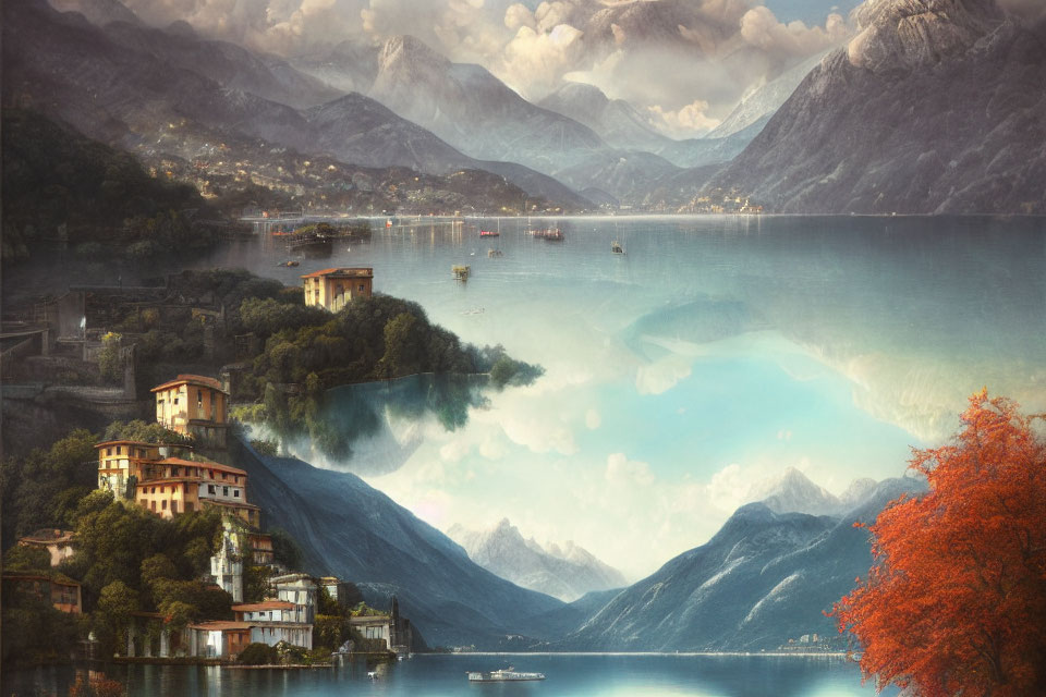 Serene lake scene with misty mountains, buildings, boats, and autumn foliage.