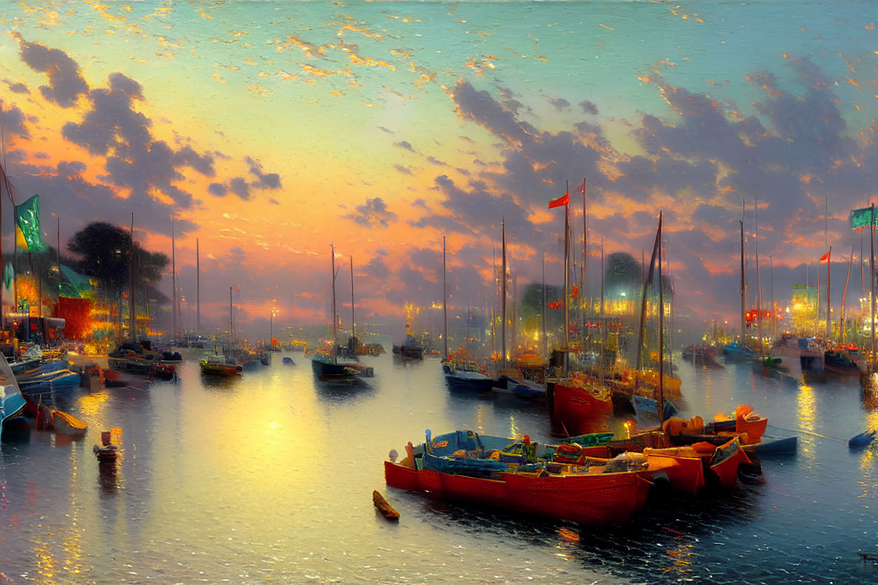 Colorful boats in vibrant harbor scene at sunset with shimmering water reflections and dramatic sky.