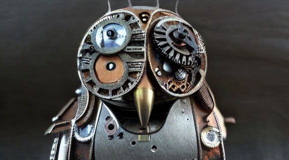 Steampunk-style Owl Sculpture with Metal Gears and Blue Eye