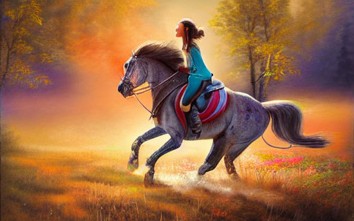 Person riding galloping horse in colorful field at sunset