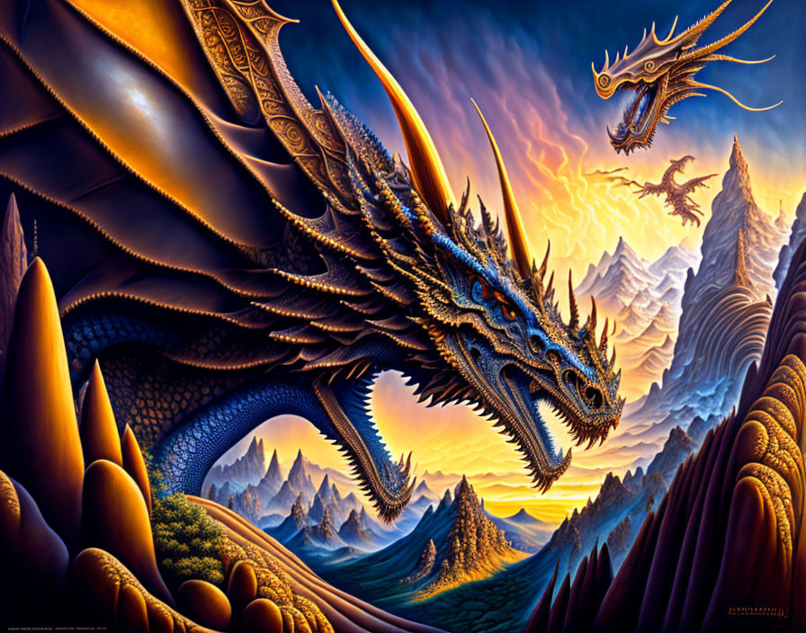 Fantasy painting: Dragons in mountain landscape