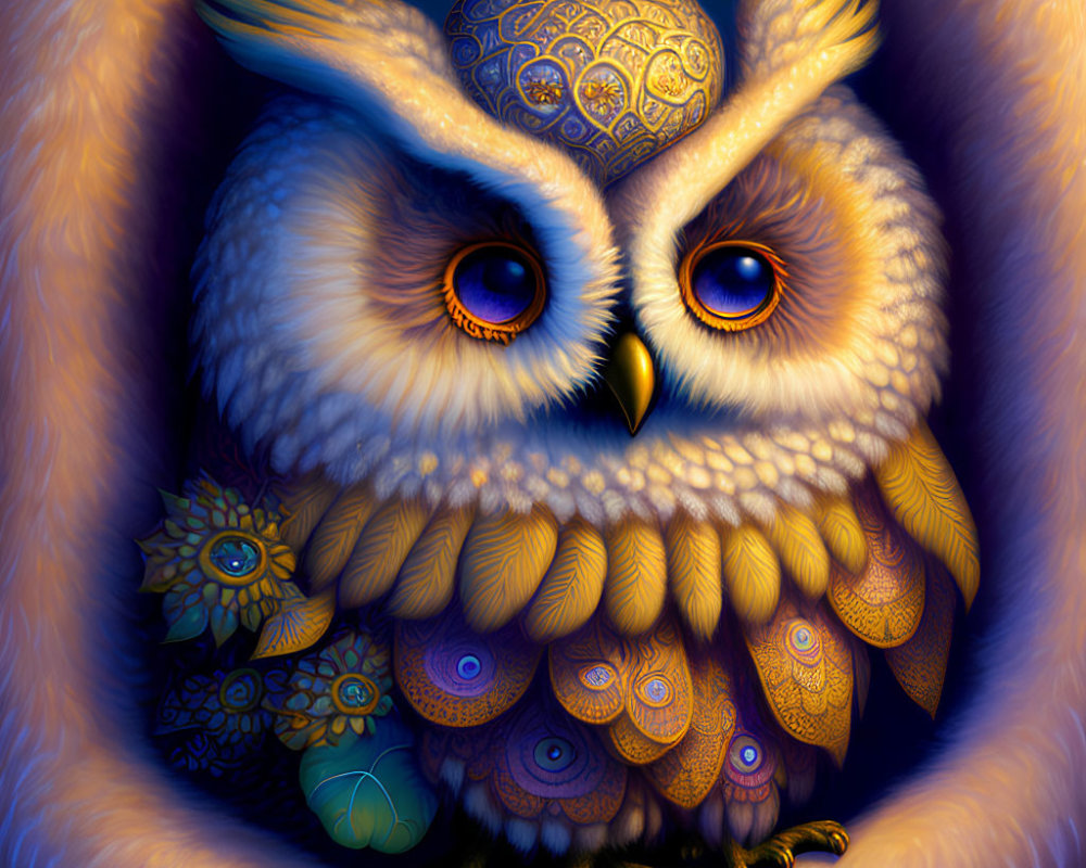 Colorful Owl Illustration with Ornate Patterns and Amber Eyes on Orange-Blue Background