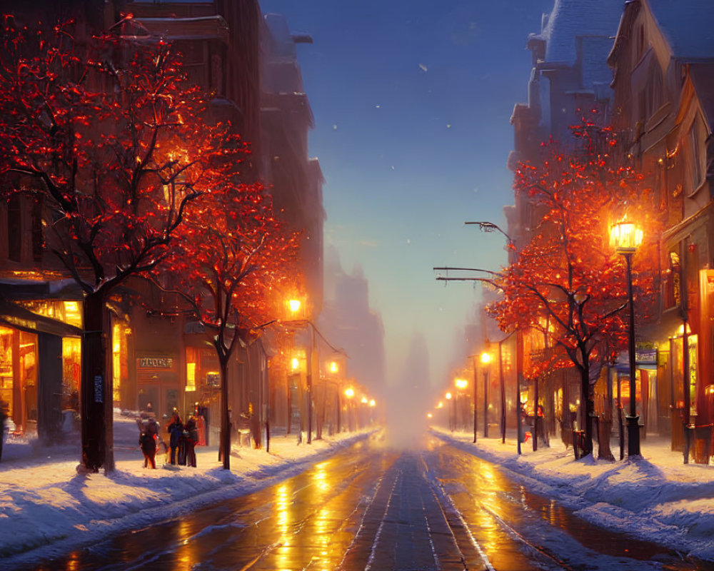 Snowy city street at twilight with golden streetlights and people walking.