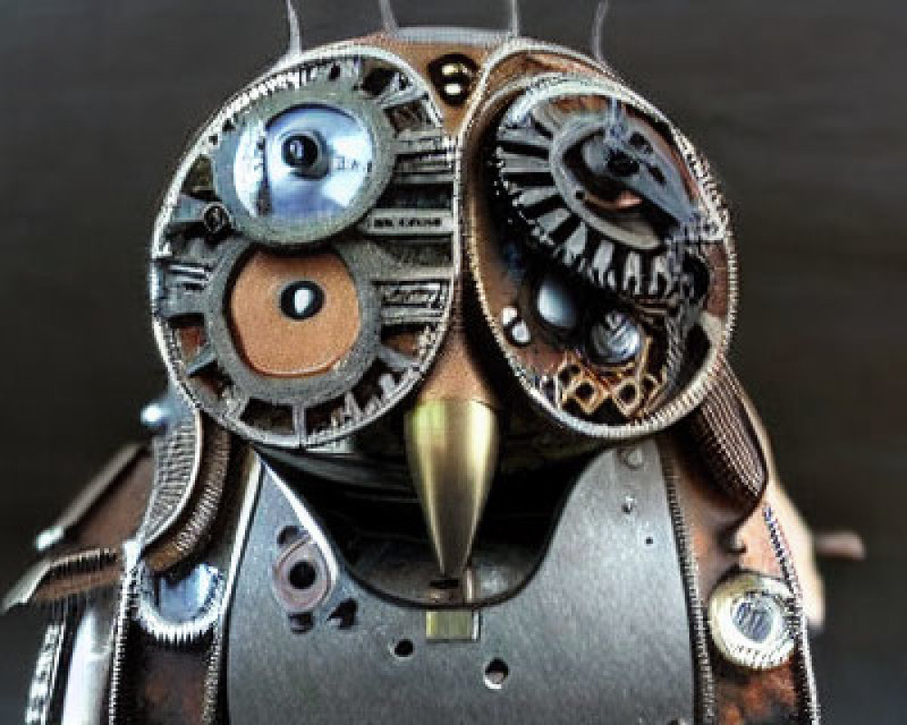 Steampunk-style Owl Sculpture with Metal Gears and Blue Eye