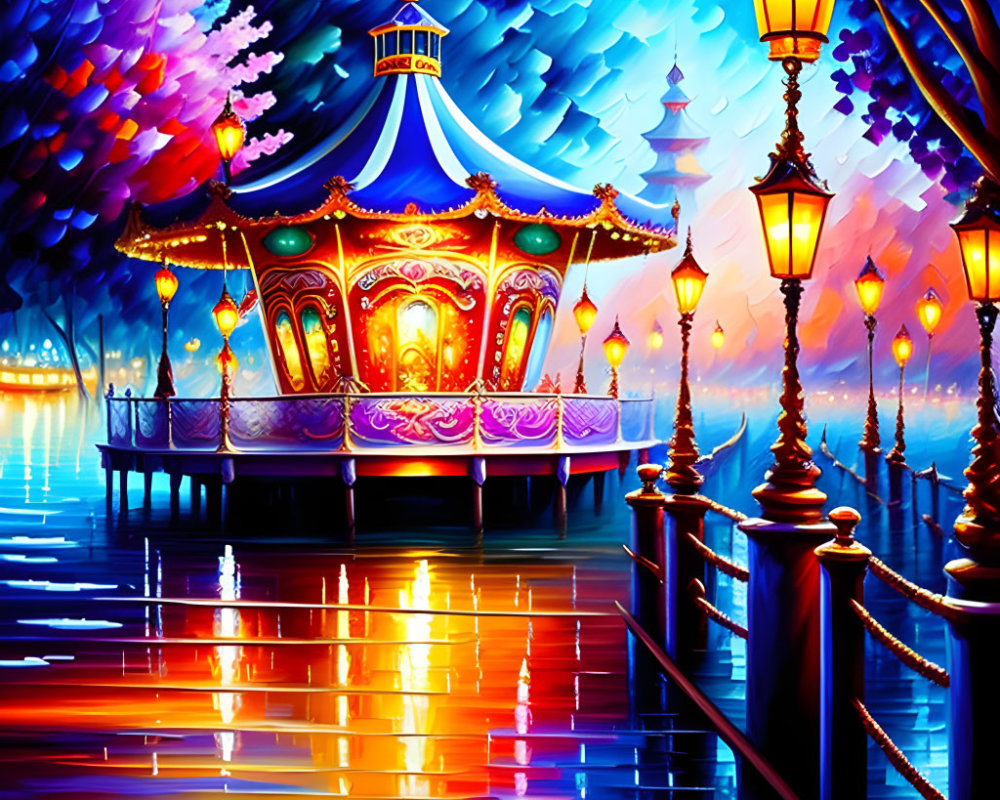 Colorful Carousel Painting at Night with Water Reflections