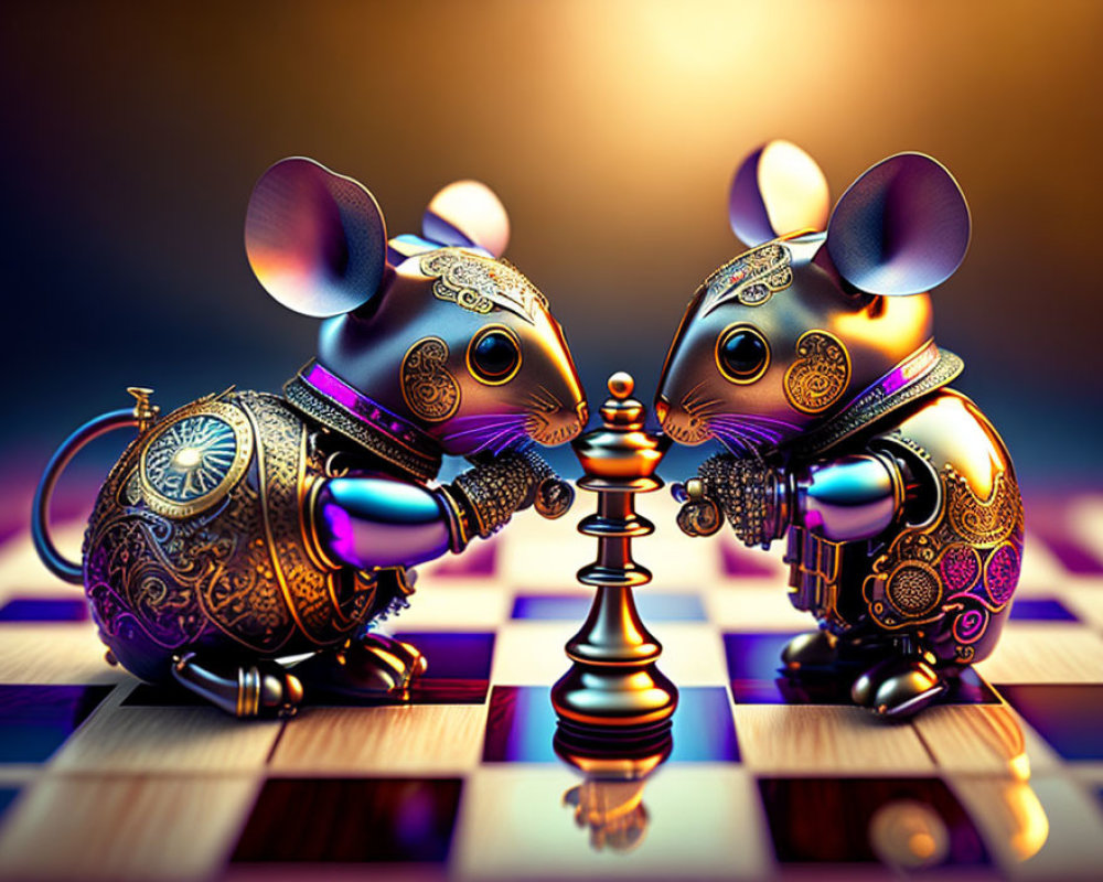 Ornately designed anthropomorphic mice on chessboard in colorful setting