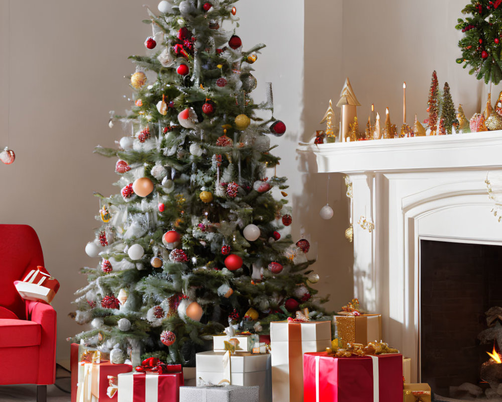 Festive Christmas scene with decorated tree, presents, fireplace, and armchair