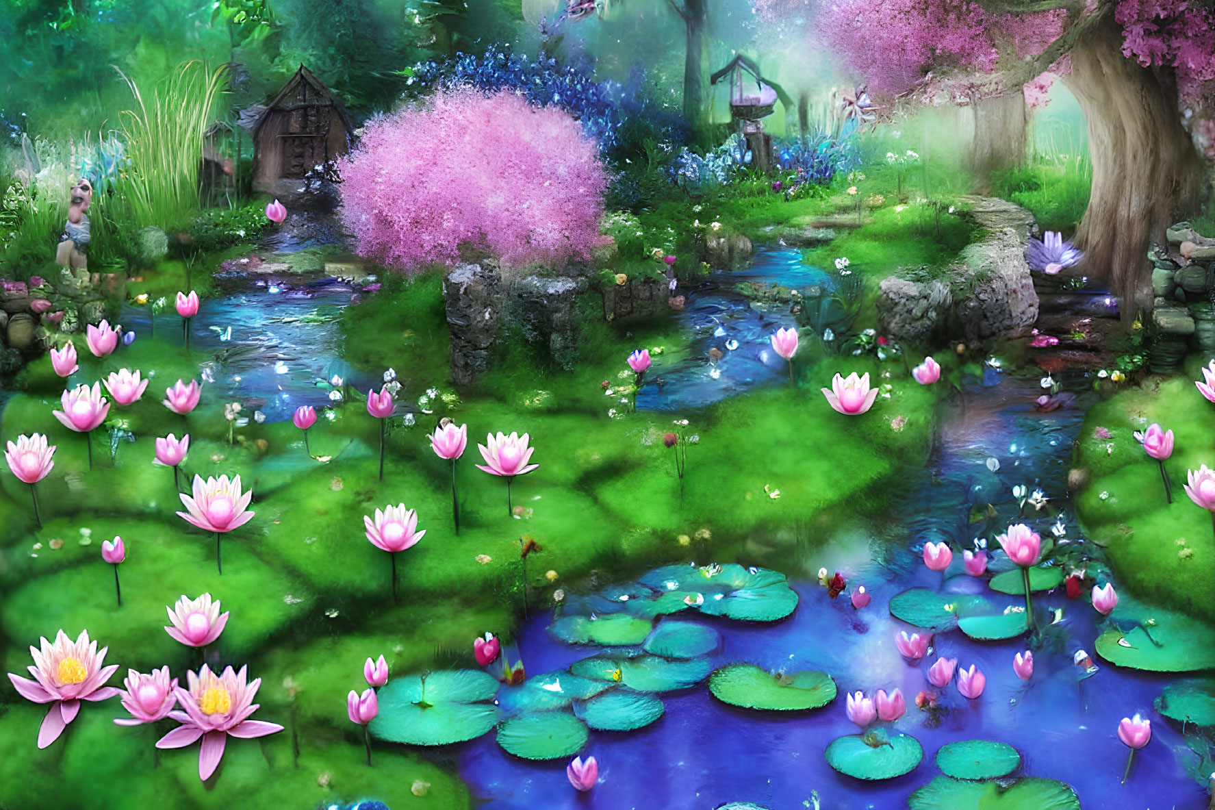 Magical fantasy garden with pink lotus flowers, blooming trees, quaint houses, and serene pond